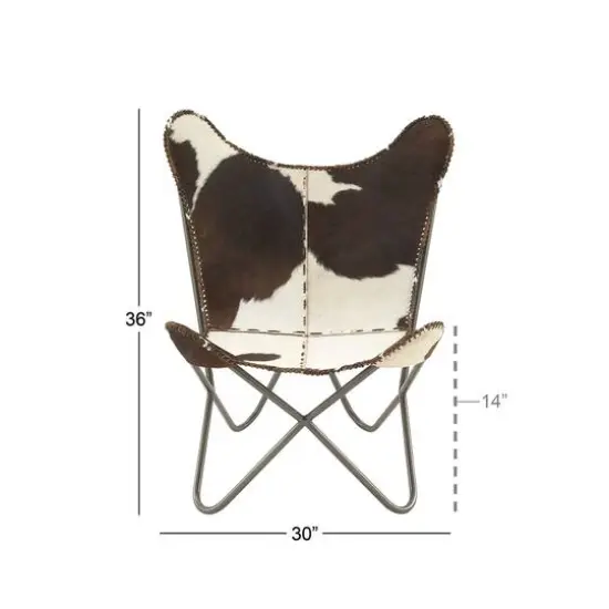 White Cow Hide Leather and Iron Rustic Accent Chair, 36" x 29" x 30" {6}