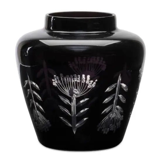 6.5" Etched Soda Lime Glass Urn Vase Black {1}