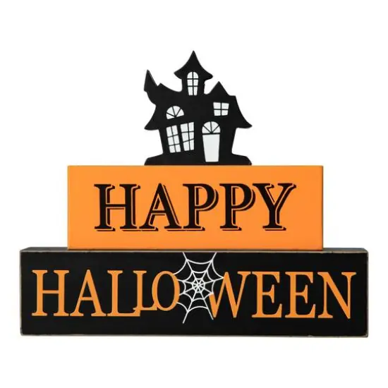 Glitzhome&reg; 9.5" Happy Halloween Haunted House Block Sign {7}