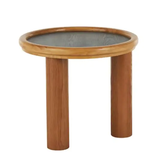 23.5" Brown Wood Handmade Round Living Room Coffee Table with Black Tabletop {4}