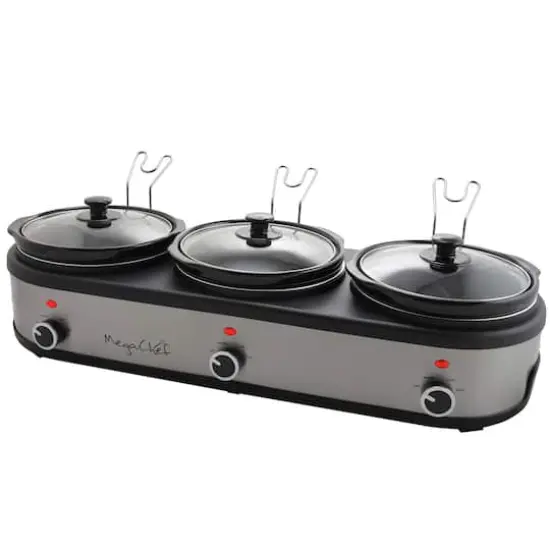 MegaChef Brushed Silver & Black Finish Triple 2.5qt. Slow Cooker & Buffet Server With 3 Ceramic Cooking Pots & Removable Lid Rests {6}