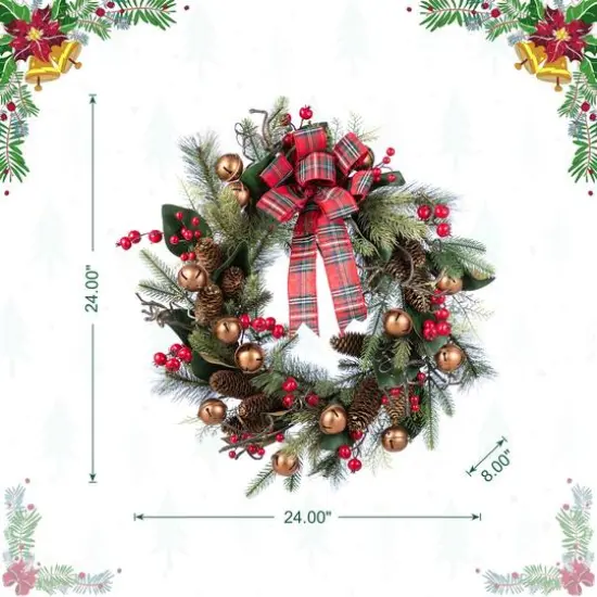 Glitzhome&reg; 24"D Christmas Bell, Pinecone & Berry Bow Wreath {9}