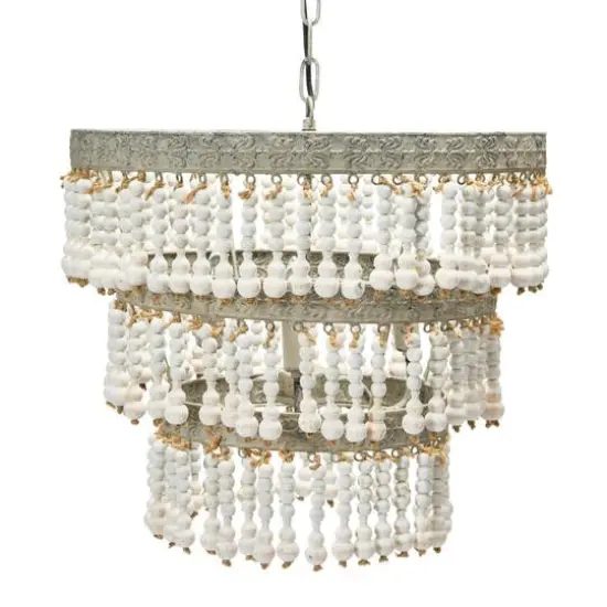 Hello Honey&reg; 20.5" Antique White 3-Tier Wood Bead Chandelier {16}