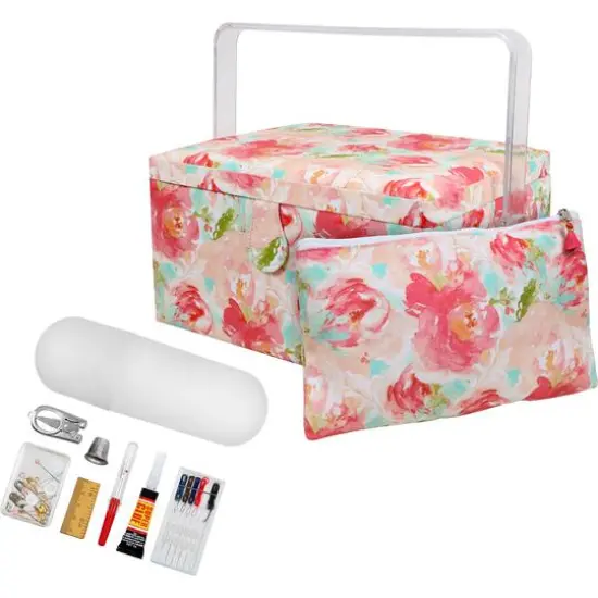 SINGER&reg; Large Watercolor Floral Print Rolled Edge Sewing Basket with Matching Pouch Sew Kit {1}