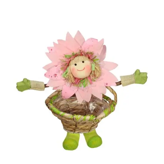 15" Pink Spring Sunflower Girl with Basket Decorative Figure {1}