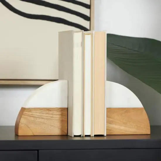 5" Marble & Wood Geometric Arched Bookends Set {3}