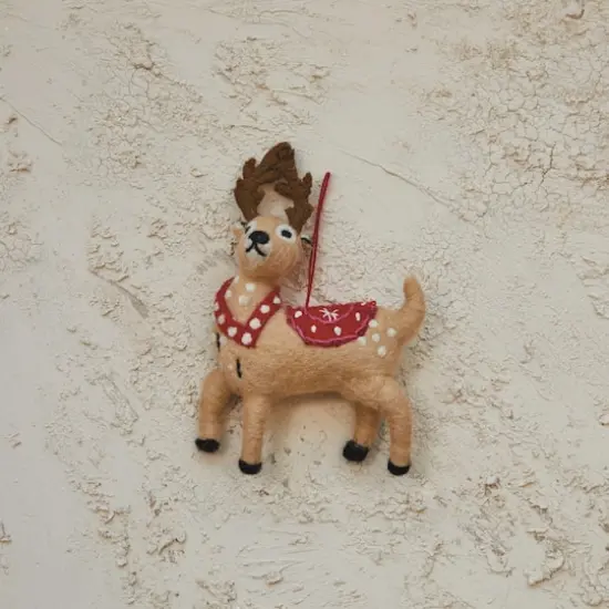 Hello Honey® 6.5" Handmade Wool Felt Reindeer Ornament with Embroidery on a Wool String {4}