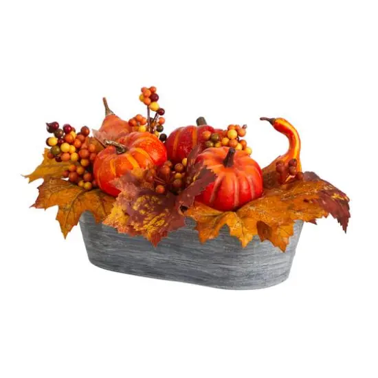 12" Pumpkin & Berries Autumn Harvest Arrangement In Washed Vase {4}