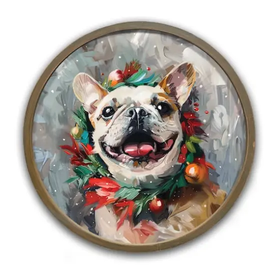 Painterly Holiday Frenchie 20" x 20" Round Brown Framed Print {1}