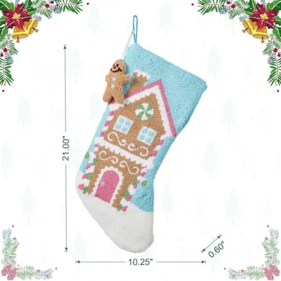 Glitzhome® 21"L Hooked Gingerbread House Stocking with Gingerbread Man Ornament {8}