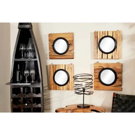 Set of 4 Brown Teak Wood Rustic Floral Wall Mirror, 18" x 18" {10}