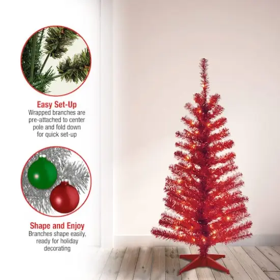4ft. Pre-Lit Red Tinsel Artificial Christmas Tree, Clear Lights {7}