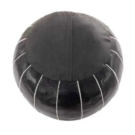 24" Black Leather Moroccan Floral Pouf with White Stitching {6}