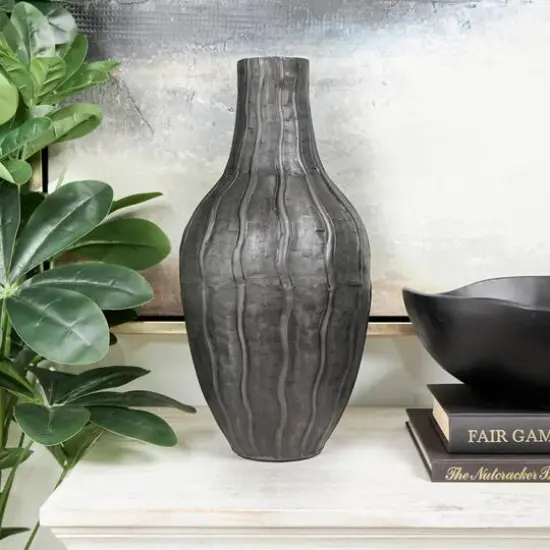 16" Black Metal Snakeskin Inspired Vase with Dimensional Wavy Accents {9}