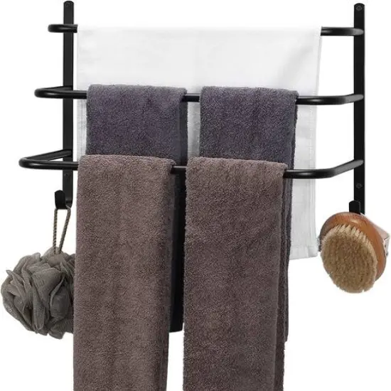 Black Metal Bathroom Towel Bar Wall Mounted Rack with Hooks {1}