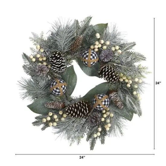 24" Snowy Berry, Pinecone & Ornaments Wreath {4}