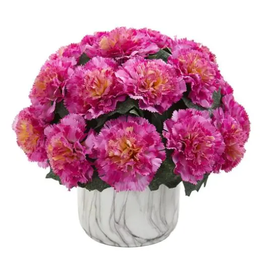 10" Carnation Arrangement in Marble Finished Vase Dark Pink {1}