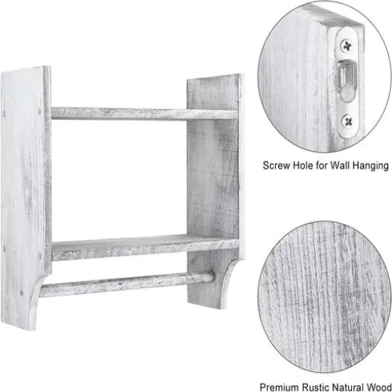 2-Tier Wood Wall Mounted Bathroom Shelf with Towel Rack Rustic Gray {5}