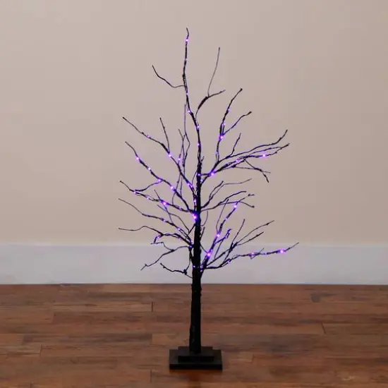 3ft. Pre-Lit Halloween Black Twig Artificial Tree with 80 Orange & Purple LED Lights {9}