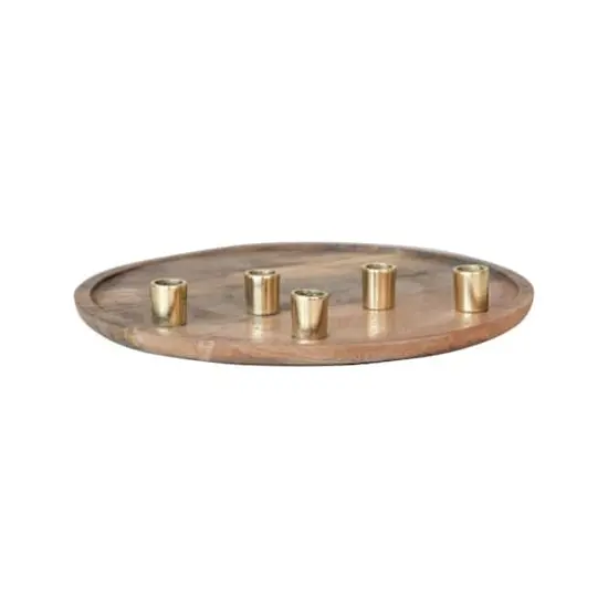 Hello Honey&reg; 15.5" Decorative Natural & Gold Finish Mango Wood & Aluminum Tray Taper Candleholder {1}