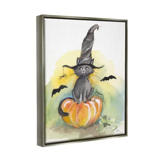 Stupell Industries Witch Cat on Pumpkin Framed Floater Canvas Wall Art Gray {4}