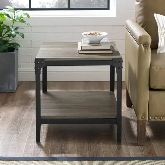 Walker Edison Slate Gray Angle Iron Rustic Wood Side Table Set {3}