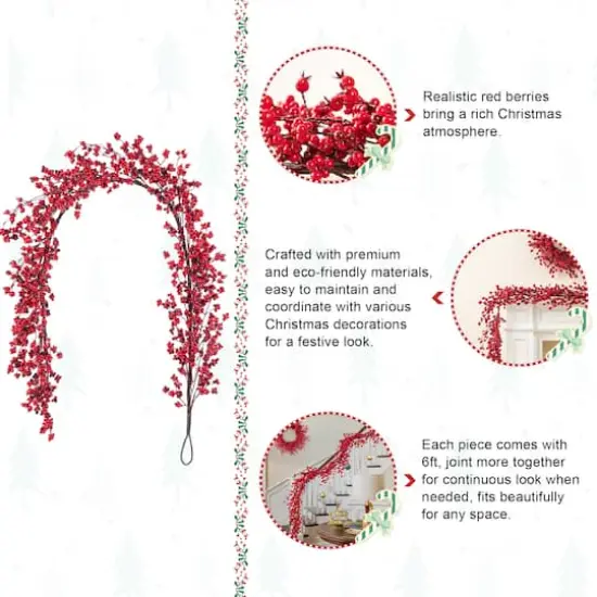 Glitzhome&reg; 6ft Christmas Red Berries Garland {7}