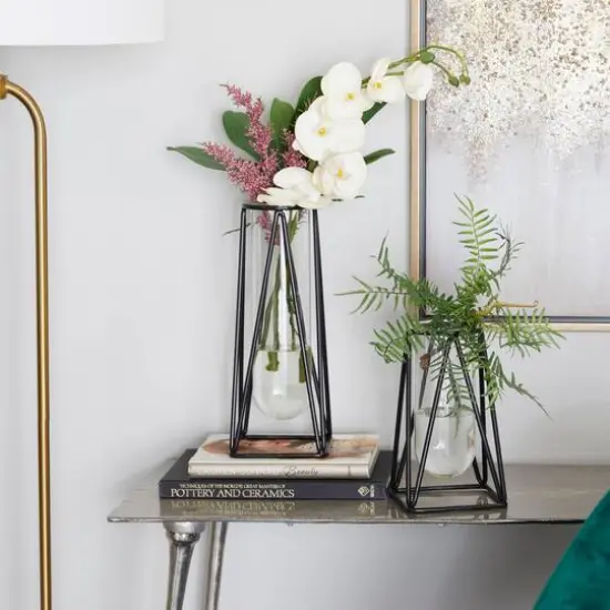 CosmoLiving by Cosmopolitan Set of 2 Black Iron Modern Vase, 13" x 5" x 5" {8}