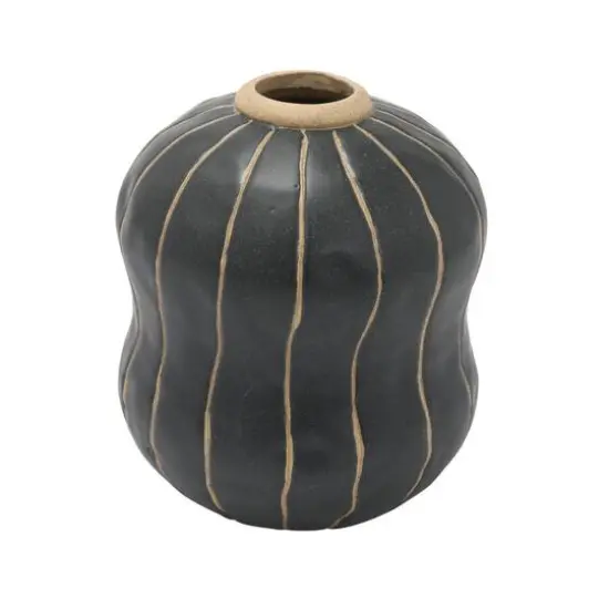 Hello Honey&reg; 6" Black & Cream Stoneware Vase with Wax Relief Stripes {1}