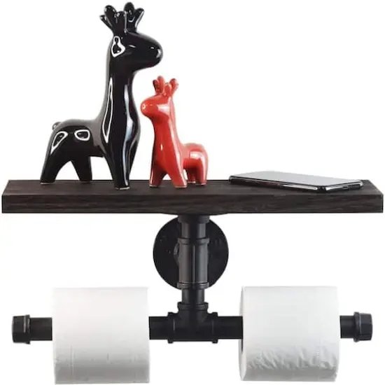 Black Wall Mounted Industrial Dual Toilet Paper Holder with Storage Shelf {5}