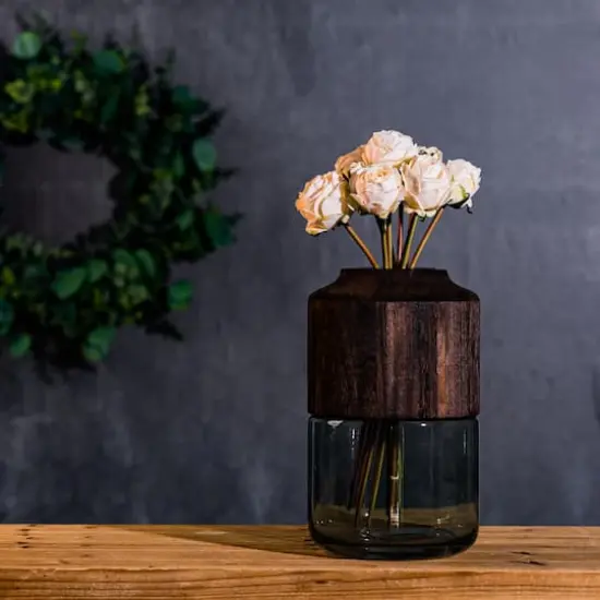 11" Sage Glass Vase with Wood Accent {4}