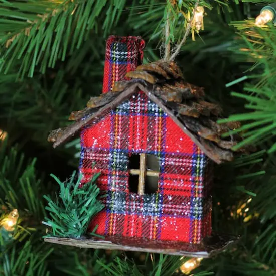 4" Frosted & Glittered Red & Brown Plaid Country Cabin Christmas Ornament {6}