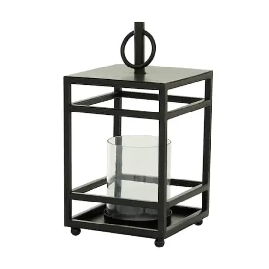 Black Iron Contemporary Candle Holder Lantern, 16" x 8" x 8" {3}