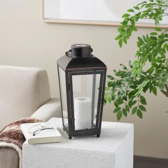 16" Black Metal Modern Candle Lantern with Gold Accents {3}