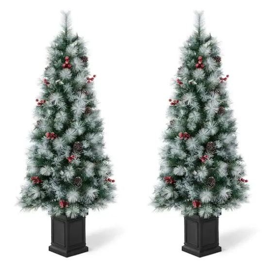 2 Pack 5ft. Pre-Lit Pine Artificial Christmas Porch Tree, Warm White LED Lights {9}
