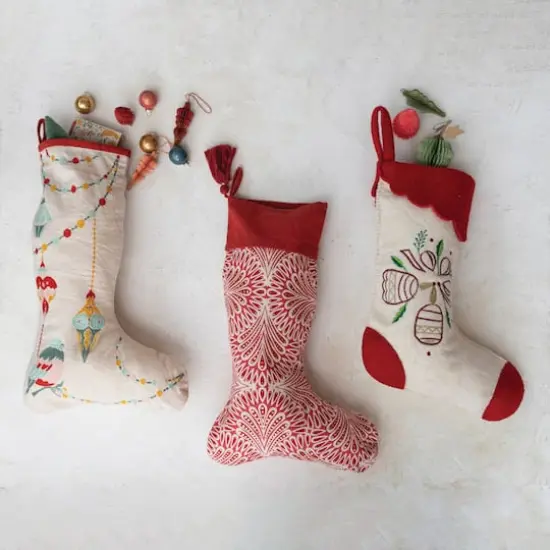 Hello Honey&reg; 17.5" Red & White Wool Felt Stocking with Embroidered Bells & Red Scalloped Trim {3}