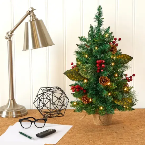 2ft. Pre-Lit Pine Artificial Potted Christmas Tree with Pinecone & Berries, Clear LED Lights {7}