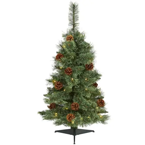 3ft. Pre-Lit White Mountain Pine & Pinecones Artificial Christmas Tree with Clear LED Lights {1}