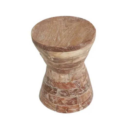 18.5" Brown Teak Wood Handmade Hourglass Accent Table with Stacked Wood Pieces {11}