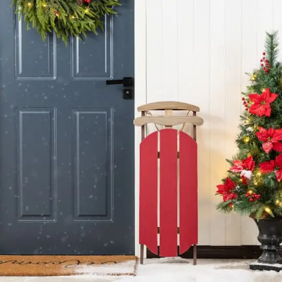 Glitzhome&reg; 34.25"&nbsp;Wooden Christmas Red Sleigh Porch Decor {4}