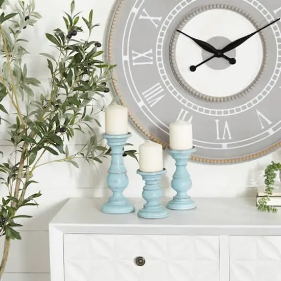 Mango Wood Traditional Candle Holder Set Light Blue {7}