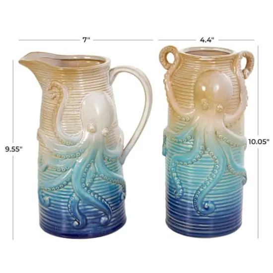 Blue Ombre Ceramic Octopus Vase Set {5}