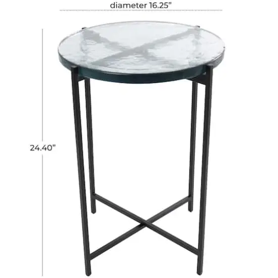 24" Metal X-Shaped Accent Table with Textured Glass Tabletop Black {4}