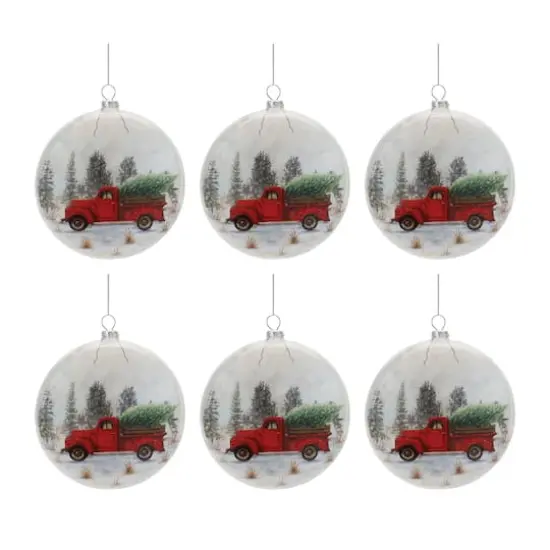 5.75" Glittered Glass Pickup Truck Disc Ornaments, 6ct. {1}