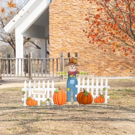Glitzhome&reg; Fall Metal Scarecrow, Pumpkin & Fence Yard Stake Set {4}