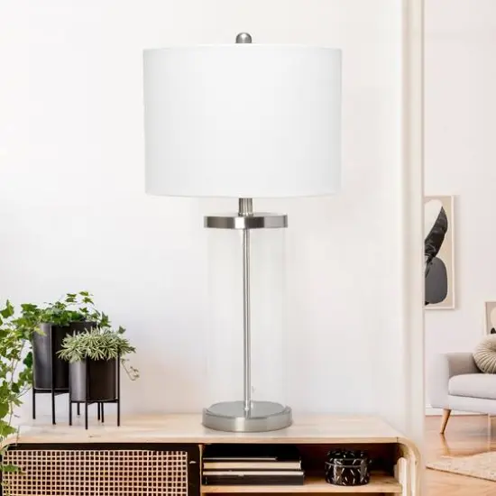 Lalia Home 27.5" Entrapped Glass Table Lamp with White Fabric Shade Brushed Nickel and White {5}