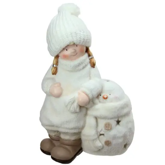 17.5" White Snowman with Standing Girl Tealight Candle Holder {1}