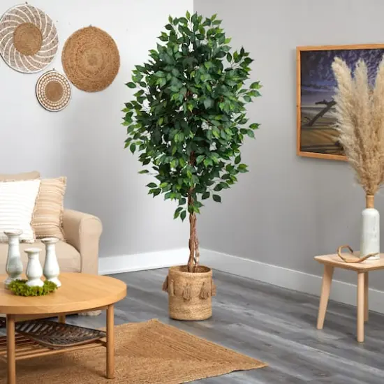 6ft. Ficus Artificial Tree with Natural Trunk in Handmade Natural Jute Planter with Tassels {5}