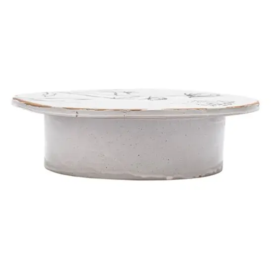 Hello Honey® 12" White & Black Round Debossed Stoneware Pedestal with Flowers & Reactive Glaze {11}