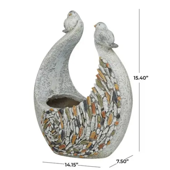 15" Gray Fiberglass Bird Planter with Stone Mosaic Design {7}